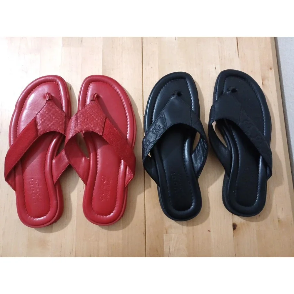 Lot Of 2 Gucci GG Black Red Leather Thong Men Sandal Slide US7.5 EU40 GUCCI/UK7G